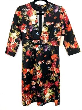 NWT Boston Proper Alexia Admor Black Colorful Floral‎ 3/4 Sleeve Dress Small